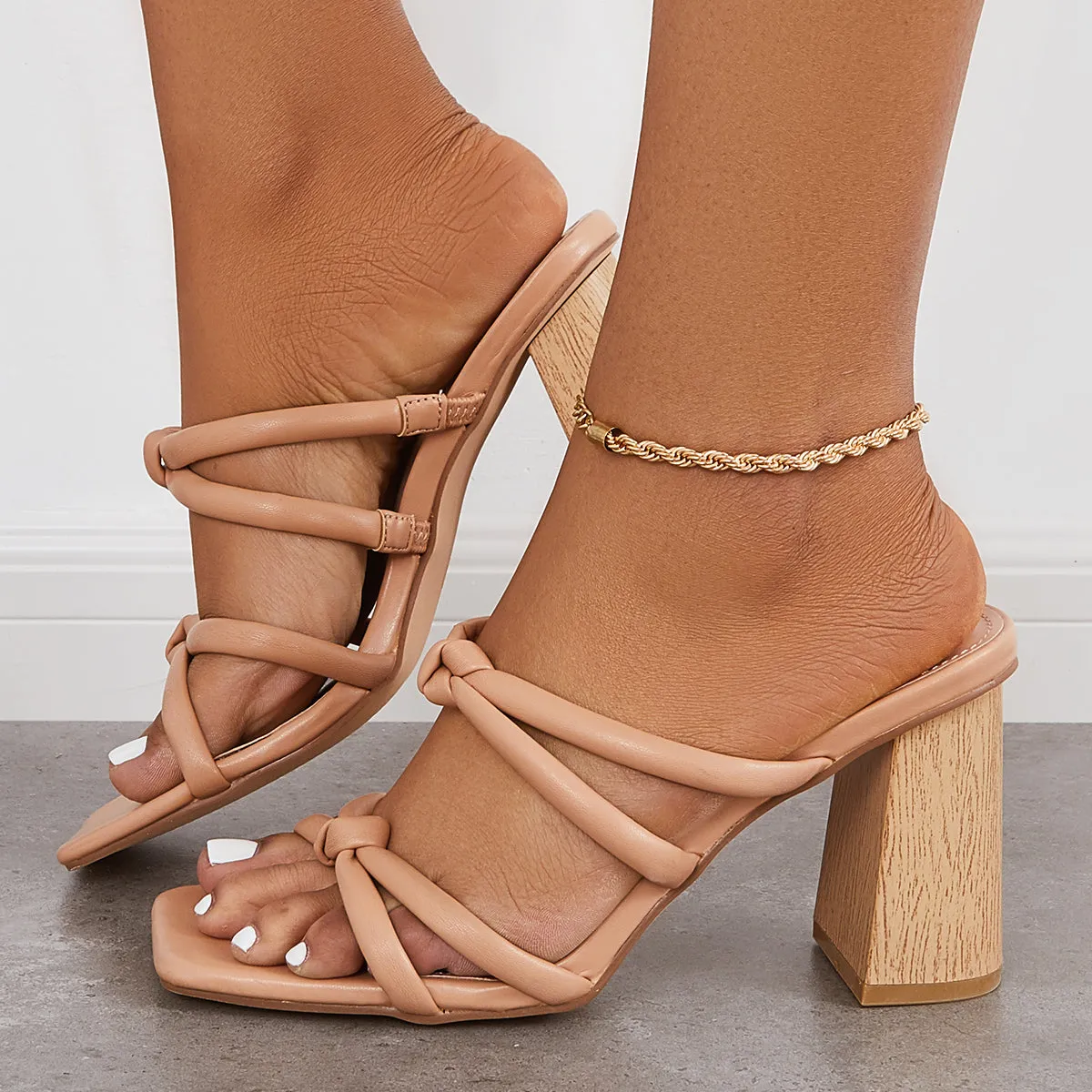 Sohiwoo  Women's Square Toe Chunky High Heeled Mules Slip on Backless Sandals