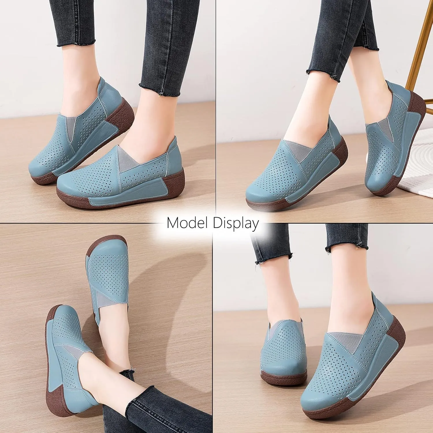 SOLPNOW Women's Leather Breathable Slip On Platform Wedge Sneakers,Non Slip Increase Height Round Toe Solid Color Rocking Shoes