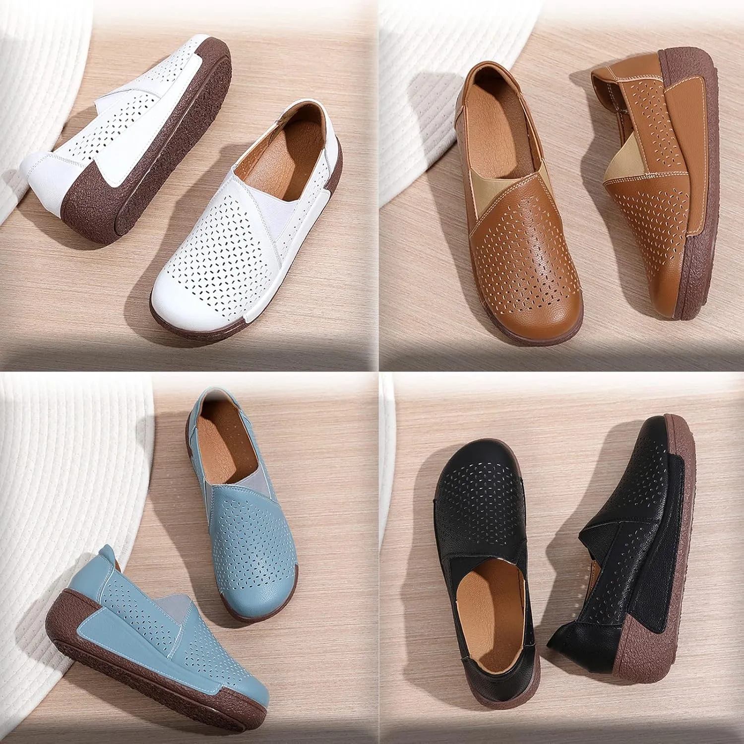 SOLPNOW Women's Leather Breathable Slip On Platform Wedge Sneakers,Non Slip Increase Height Round Toe Solid Color Rocking Shoes