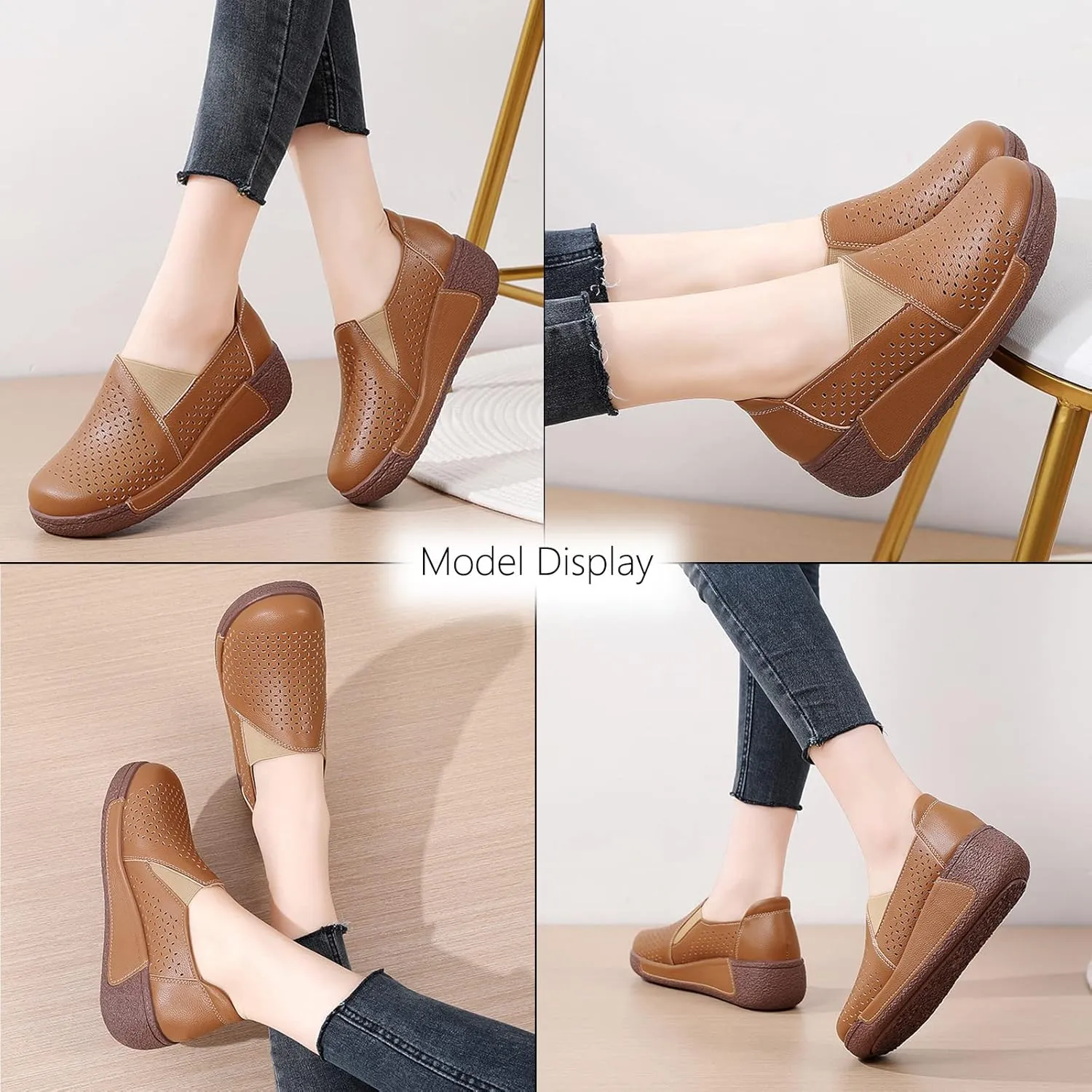 SOLPNOW Women's Leather Breathable Slip On Platform Wedge Sneakers,Non Slip Increase Height Round Toe Solid Color Rocking Shoes