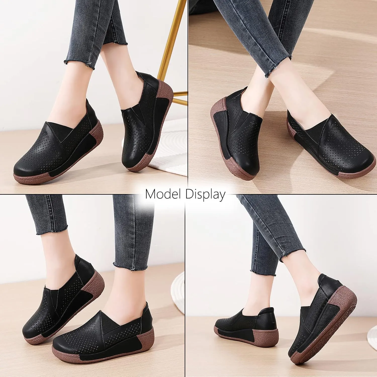 SOLPNOW Women's Leather Breathable Slip On Platform Wedge Sneakers,Non Slip Increase Height Round Toe Solid Color Rocking Shoes