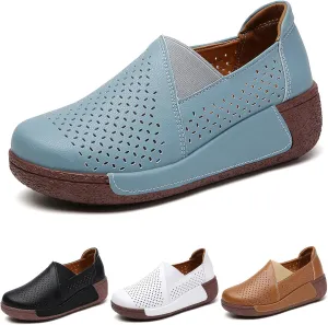 SOLPNOW Women's Leather Breathable Slip On Platform Wedge Sneakers,Non Slip Increase Height Round Toe Solid Color Rocking Shoes