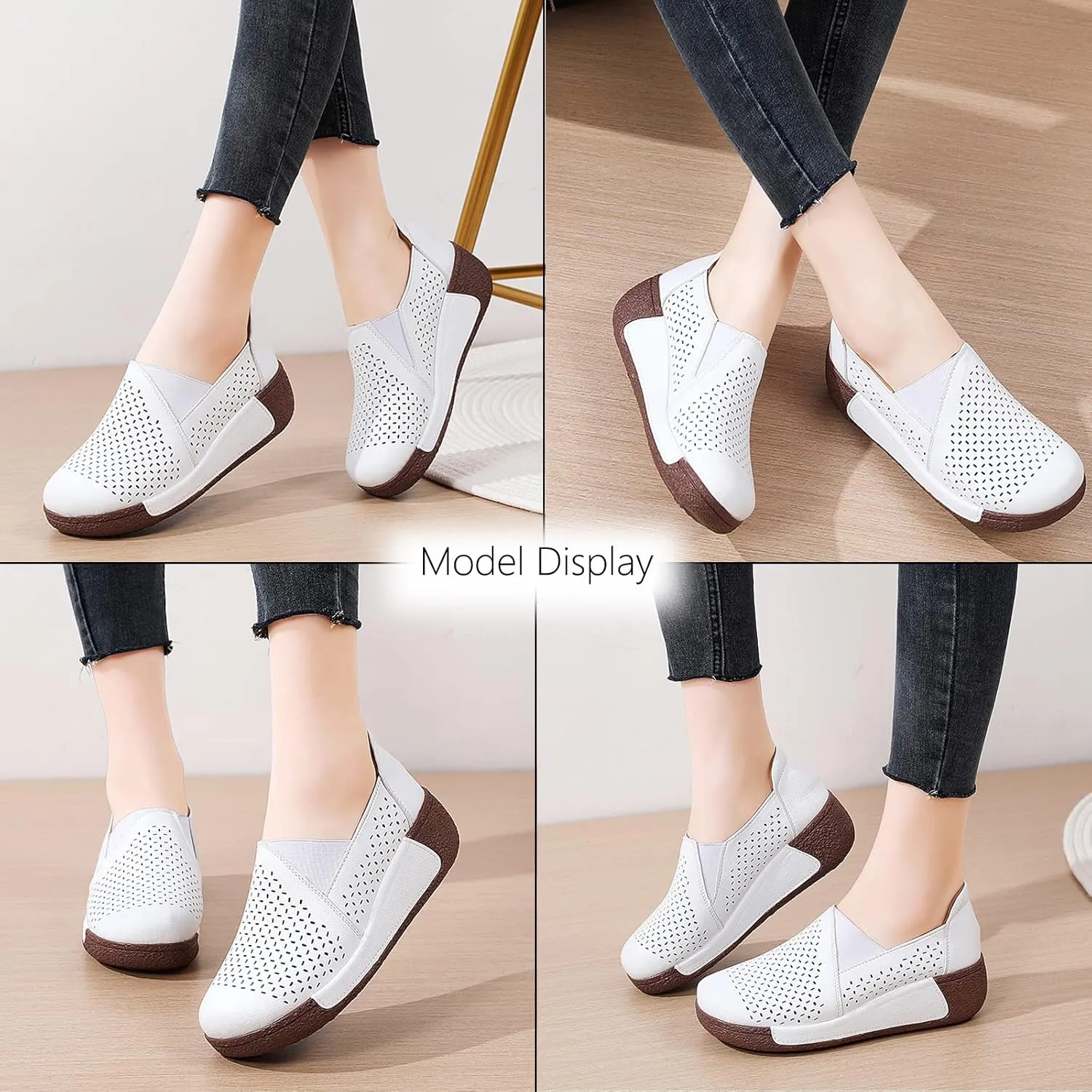 SOLPNOW Women's Leather Breathable Slip On Platform Wedge Sneakers,Non Slip Increase Height Round Toe Solid Color Rocking Shoes