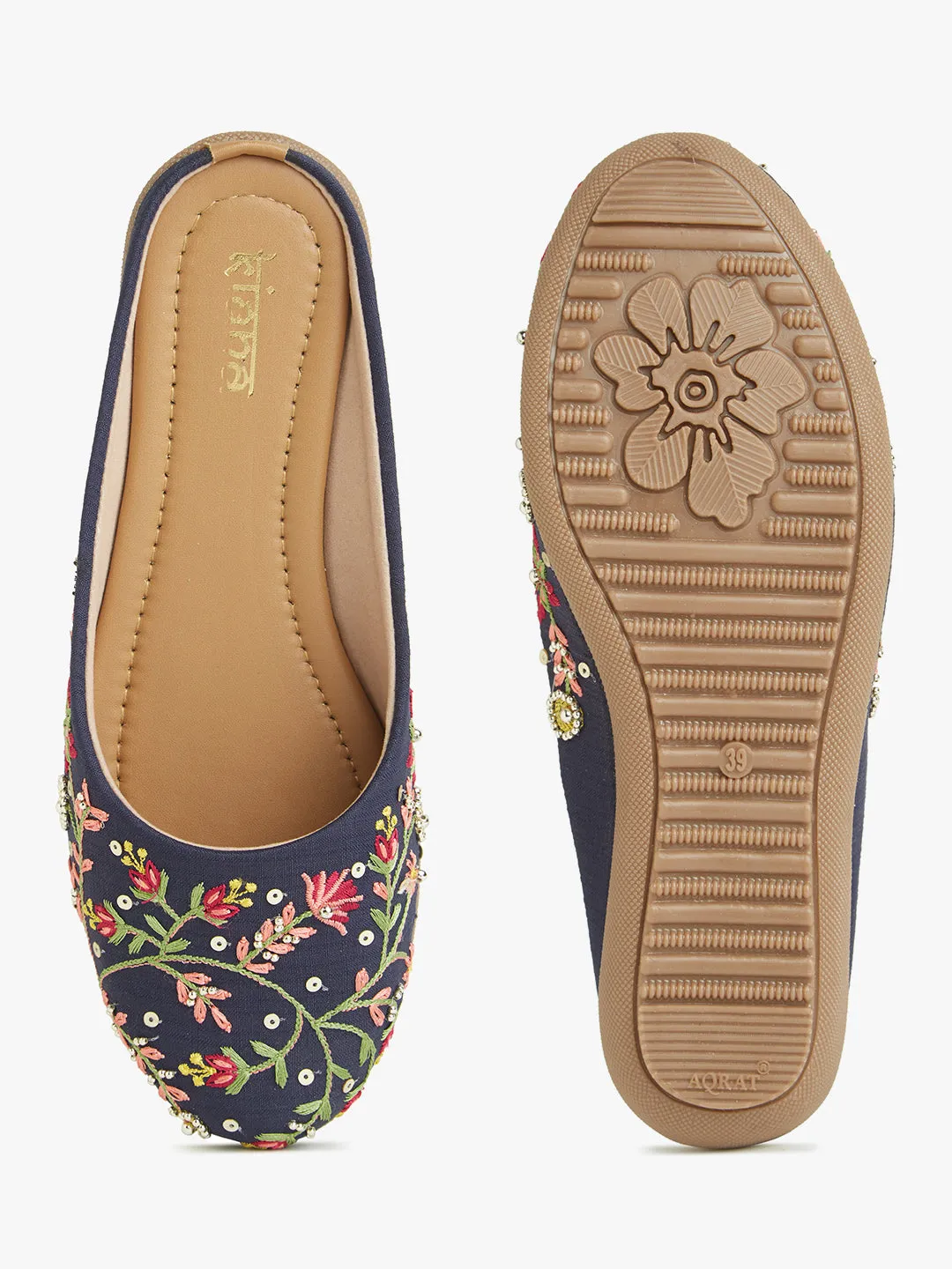 Stylish Women's Round Toe Shoes in Blue with Embroidered & Handwork