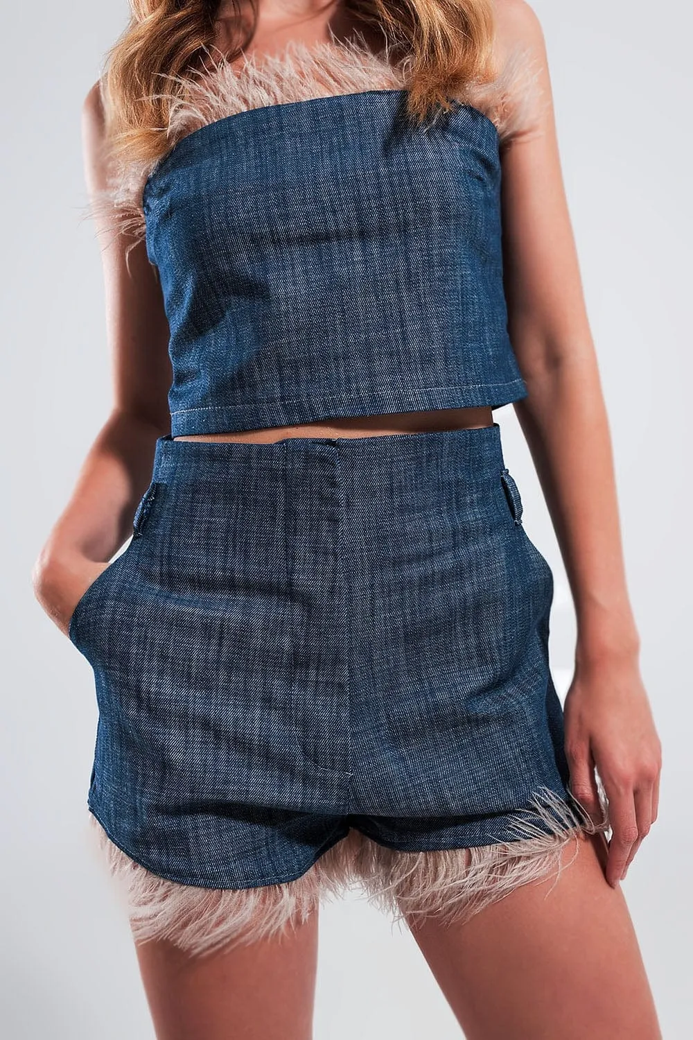 Suit Shorts With Faux Feather Hem In Blue