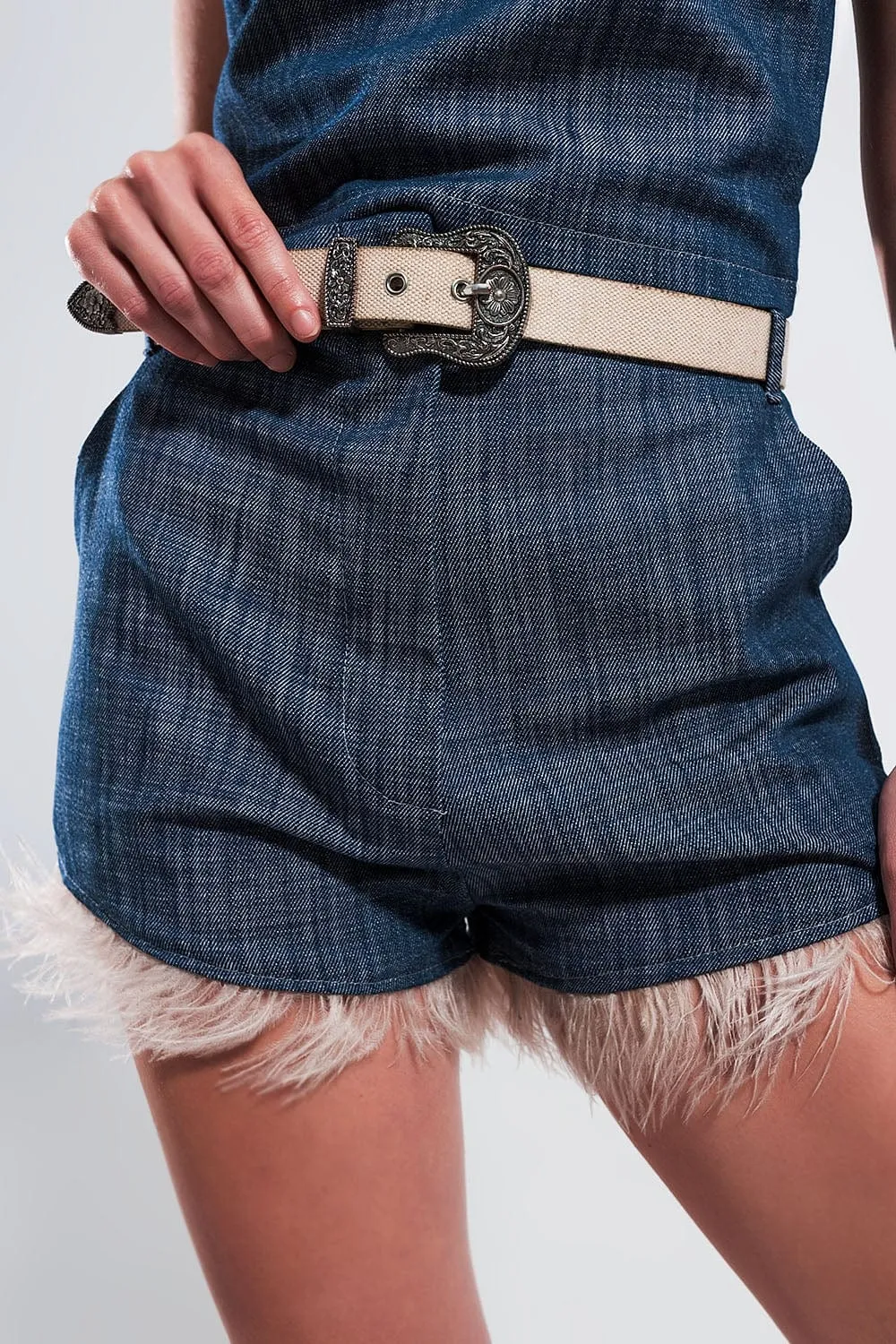 Suit Shorts With Faux Feather Hem In Blue