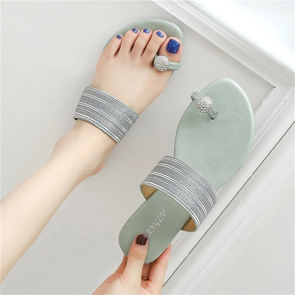Toe Loop Slide Sandal Women's Comfortable Soft Bottom Rhinestone Vegan Leather Lightweight Summer Beach Low Heel Sandals Vacation Essentials