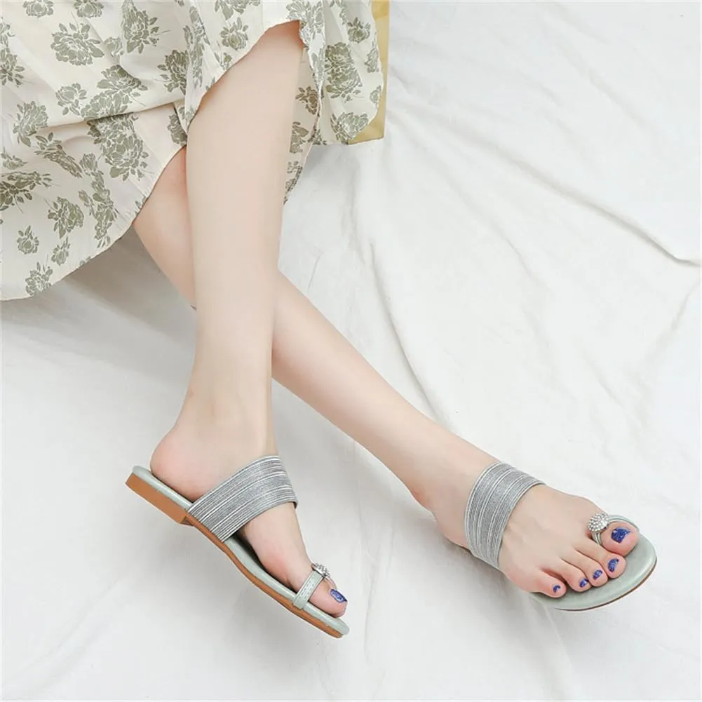 Toe Loop Slide Sandal Women's Comfortable Soft Bottom Rhinestone Vegan Leather Lightweight Summer Beach Low Heel Sandals Vacation Essentials