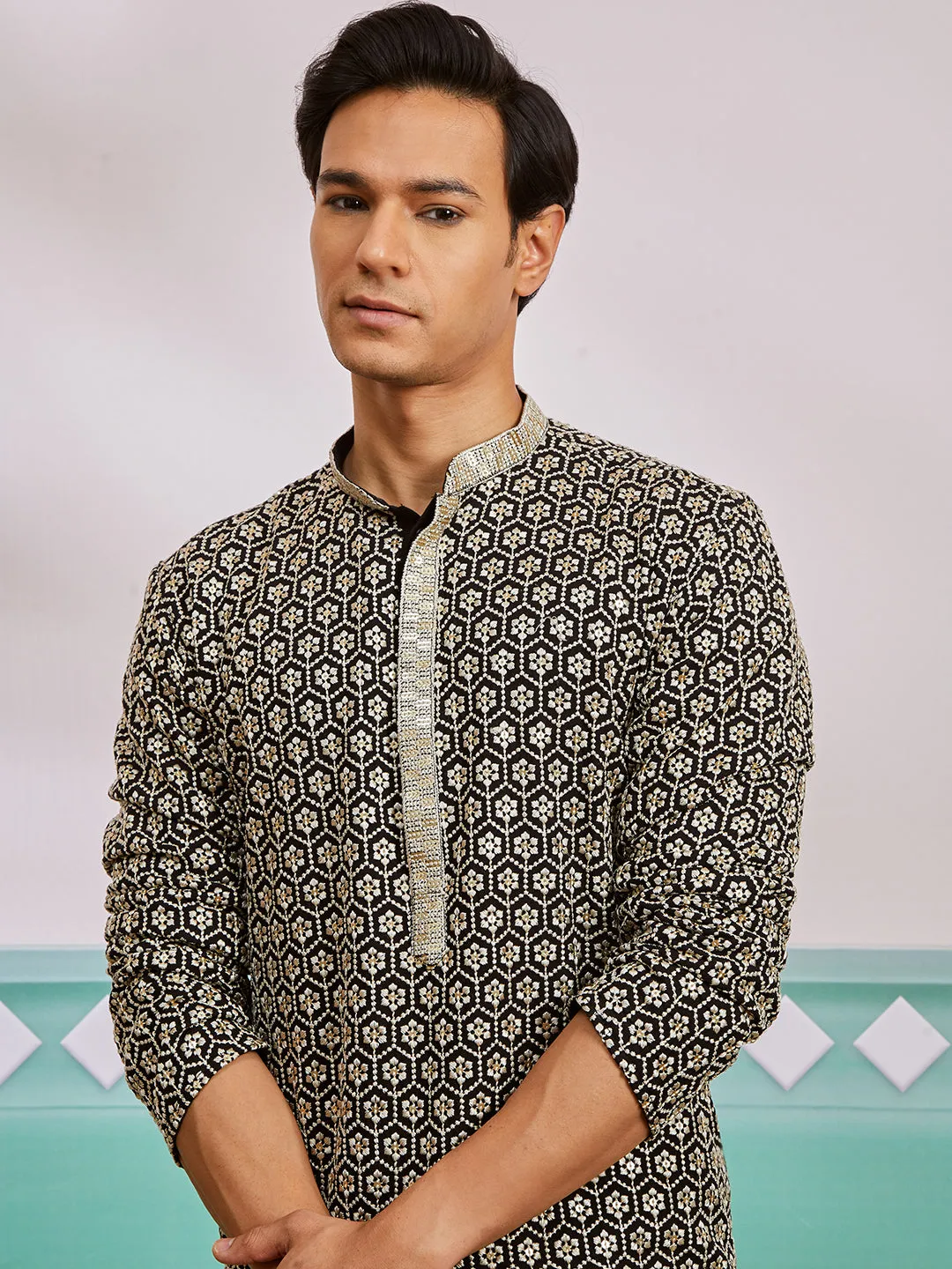 VASTRAMAY Men's Black Rayon Kurta And Pyjama Set