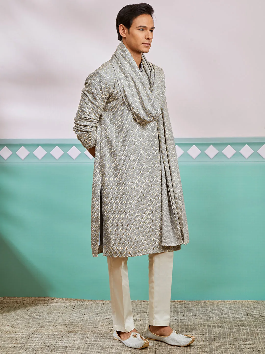 VASTRAMAY Men's Grey Rayon Kurta, Pyjama And Dupatta Set.