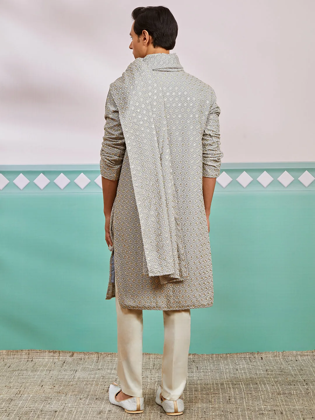 VASTRAMAY Men's Grey Rayon Kurta, Pyjama And Dupatta Set.