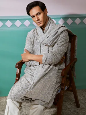VASTRAMAY Men's Grey Rayon Kurta, Pyjama And Dupatta Set.