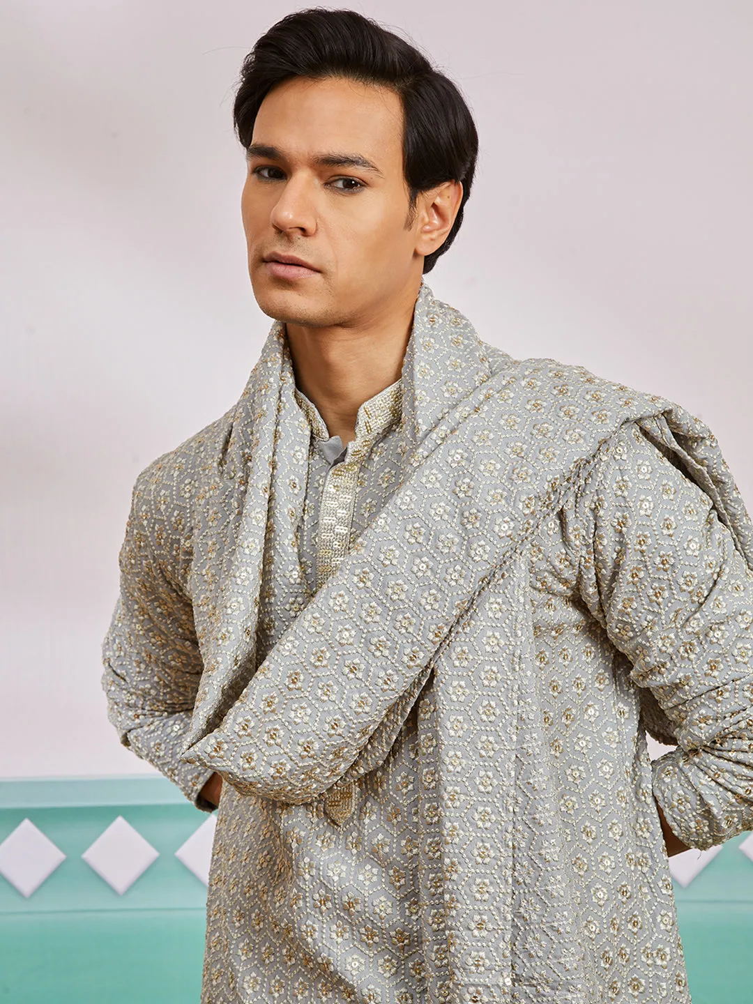VASTRAMAY Men's Grey Rayon Kurta, Pyjama And Dupatta Set.