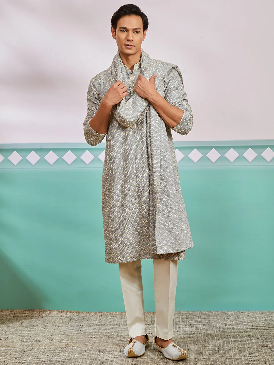 VASTRAMAY Men's Grey Rayon Kurta, Pyjama And Dupatta Set.