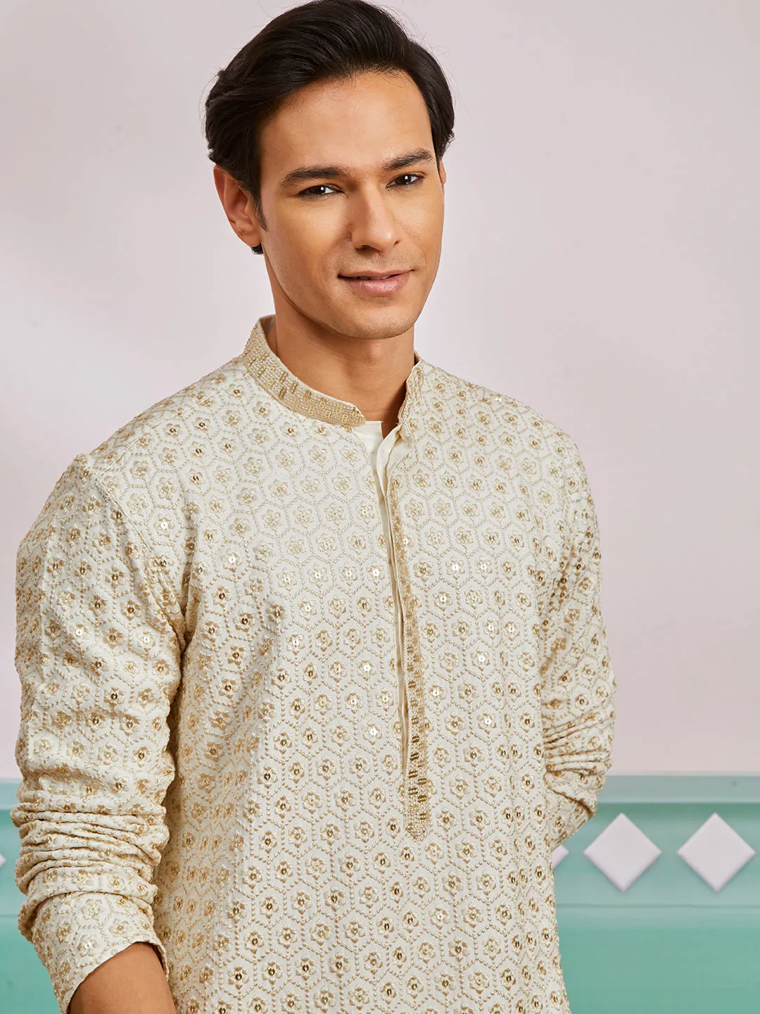 VASTRAMAY Men's Off White Rayon Kurta And Pyjama Set