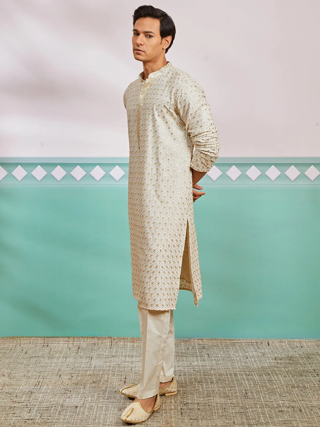 VASTRAMAY Men's Off White Rayon Kurta And Pyjama Set