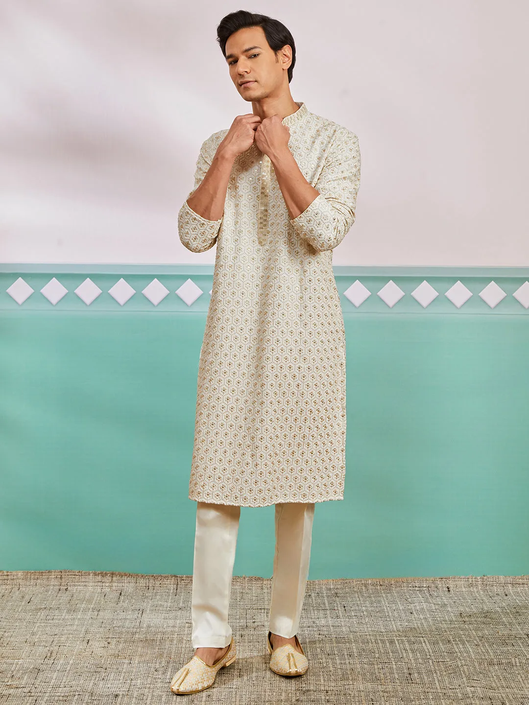 VASTRAMAY Men's Off White Rayon Kurta And Pyjama Set