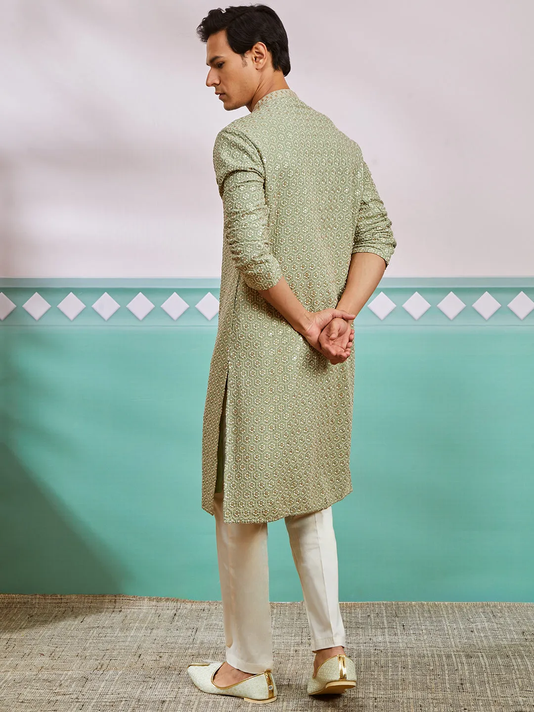VASTRAMAY Men's Pista Green Rayon Kurta And Pyjama Set