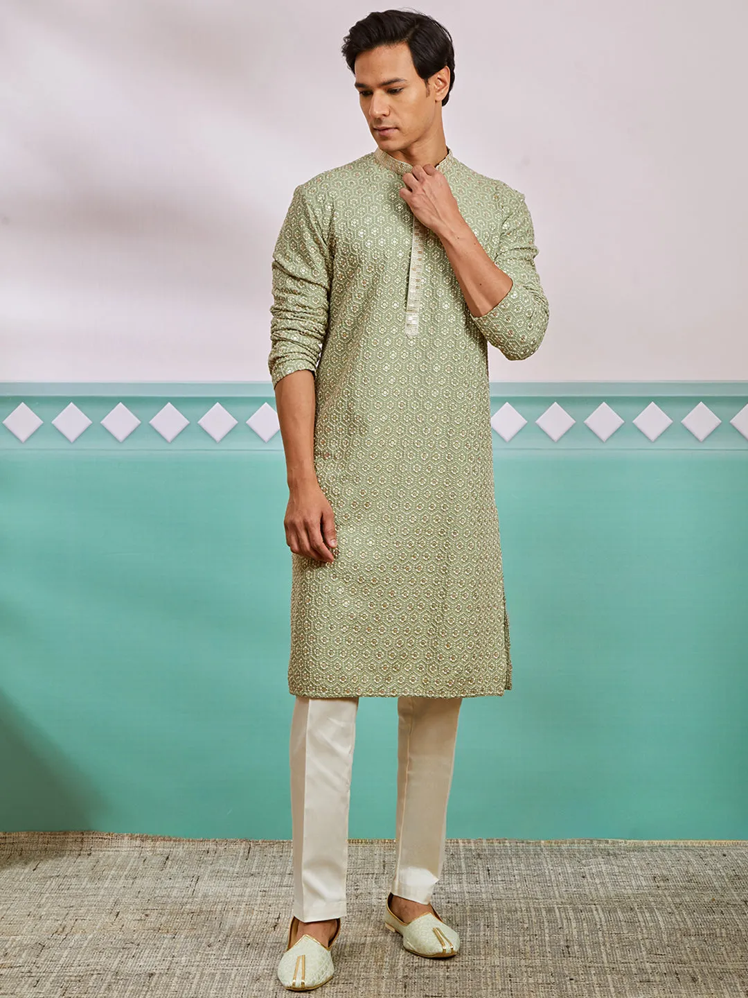 VASTRAMAY Men's Pista Green Rayon Kurta And Pyjama Set