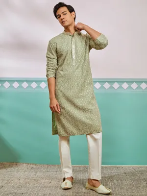 VASTRAMAY Men's Pista Green Rayon Kurta And Pyjama Set