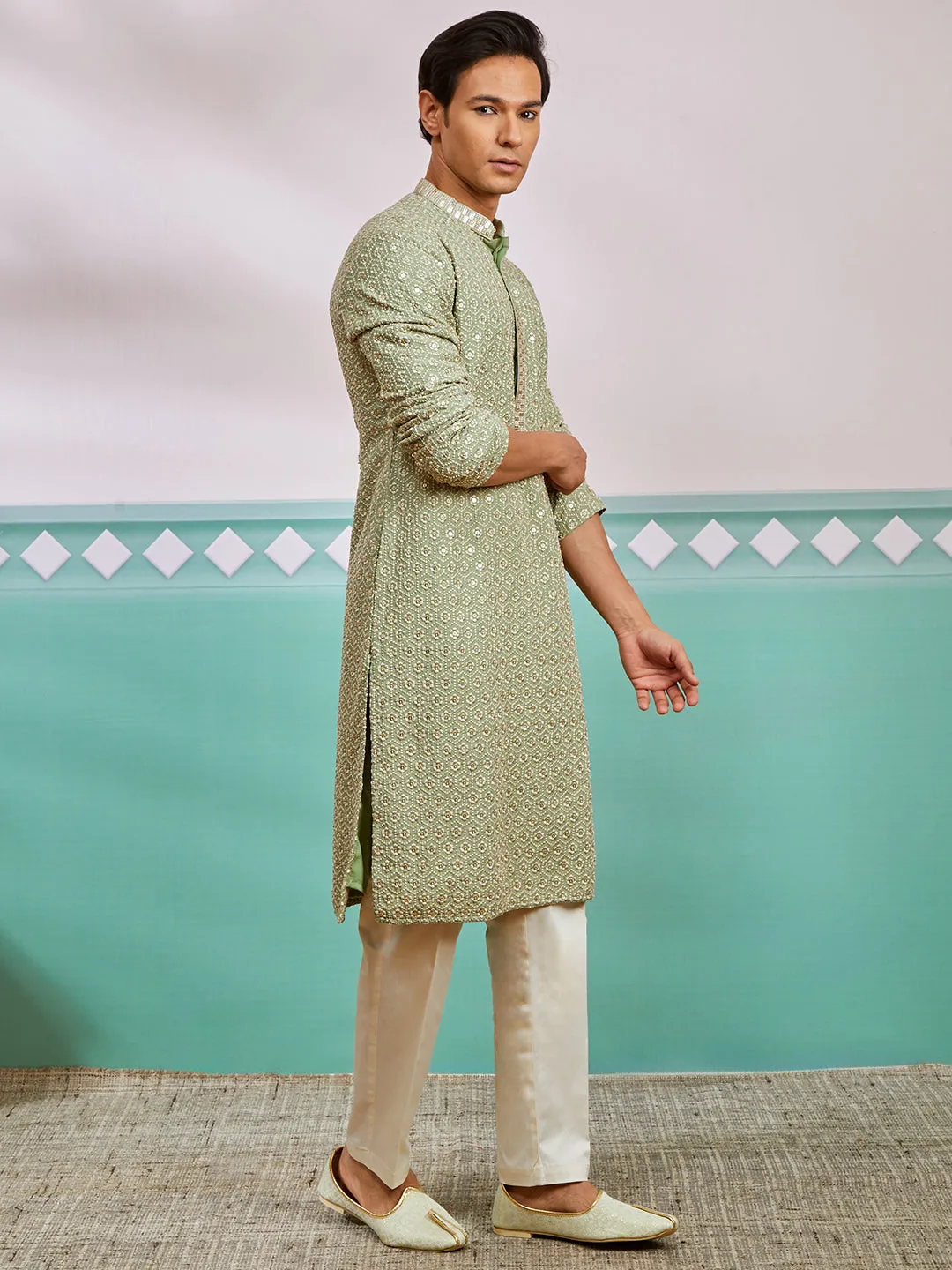 VASTRAMAY Men's Pista Green Rayon Kurta And Pyjama Set