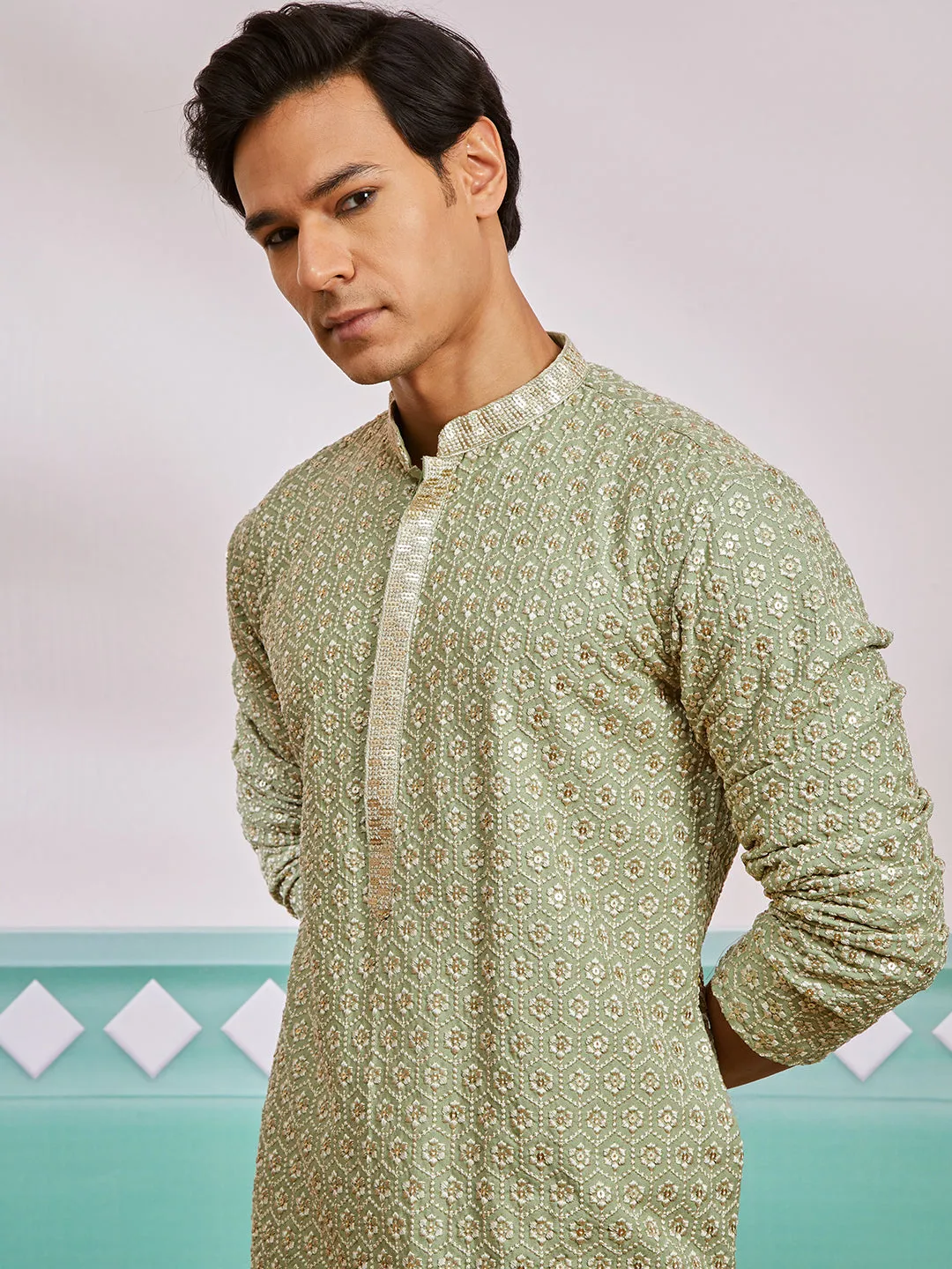 VASTRAMAY Men's Pista Green Rayon Kurta And Pyjama Set