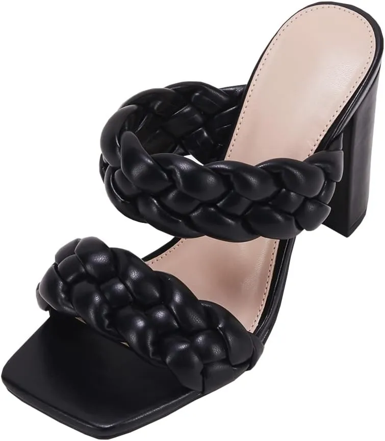 VETASTE Women's Braided Heeled Sandals Chunky Heels Mules Square Open Toe High Block Heel Sandals