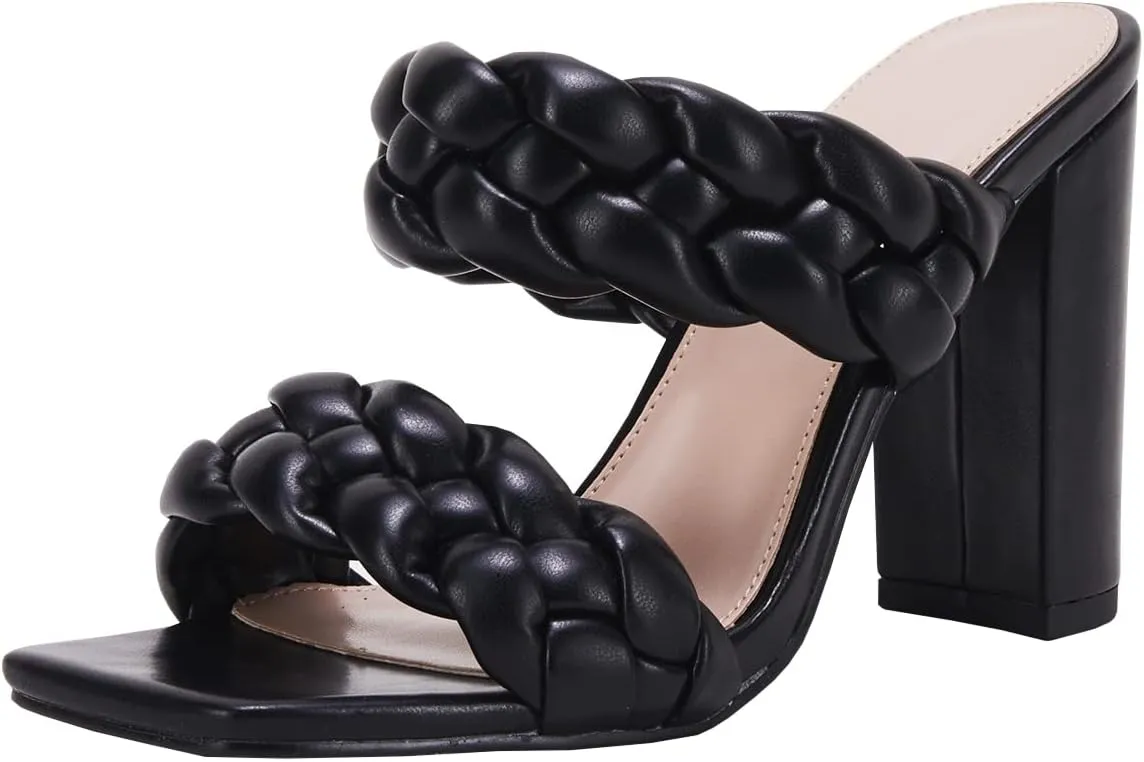 VETASTE Women's Braided Heeled Sandals Chunky Heels Mules Square Open Toe High Block Heel Sandals