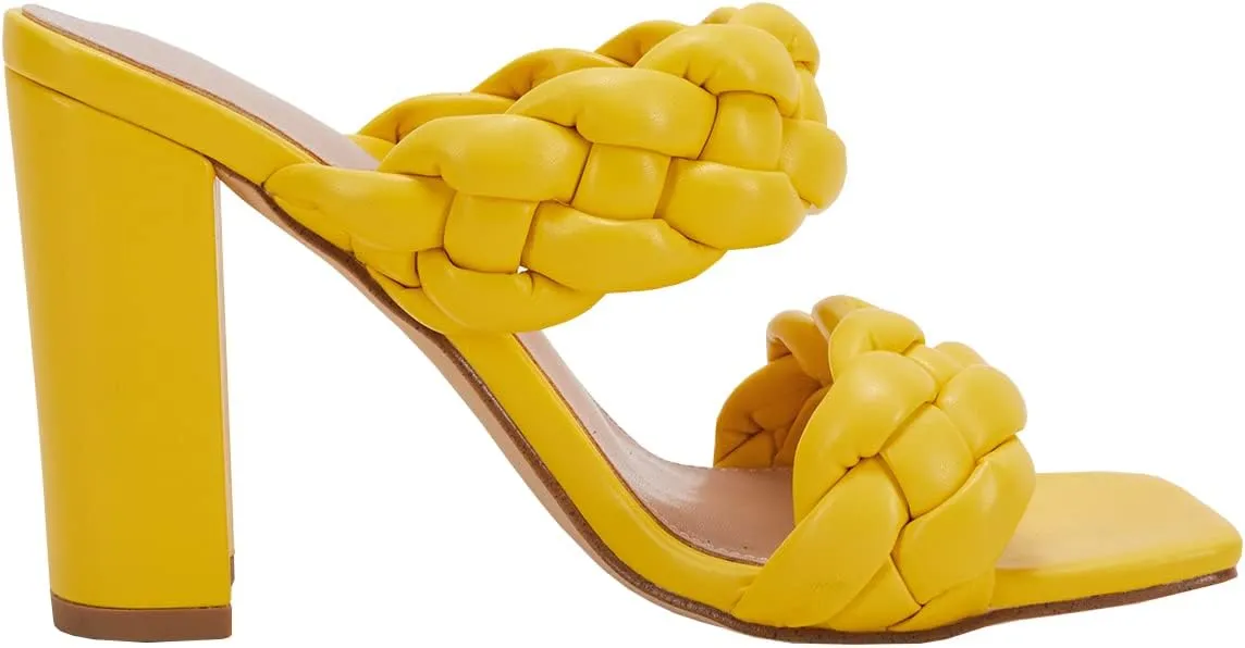 VETASTE Women's Braided Heeled Sandals Chunky Heels Mules Square Open Toe High Block Heel Sandals