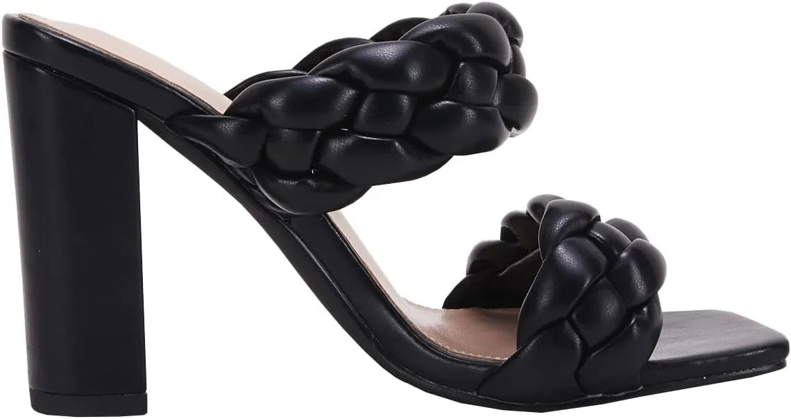 VETASTE Women's Braided Heeled Sandals Chunky Heels Mules Square Open Toe High Block Heel Sandals