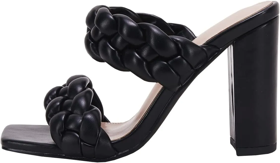 VETASTE Women's Braided Heeled Sandals Chunky Heels Mules Square Open Toe High Block Heel Sandals