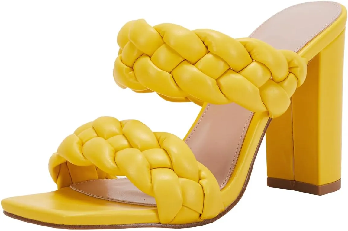VETASTE Women's Braided Heeled Sandals Chunky Heels Mules Square Open Toe High Block Heel Sandals