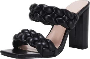 VETASTE Women's Braided Heeled Sandals Chunky Heels Mules Square Open Toe High Block Heel Sandals