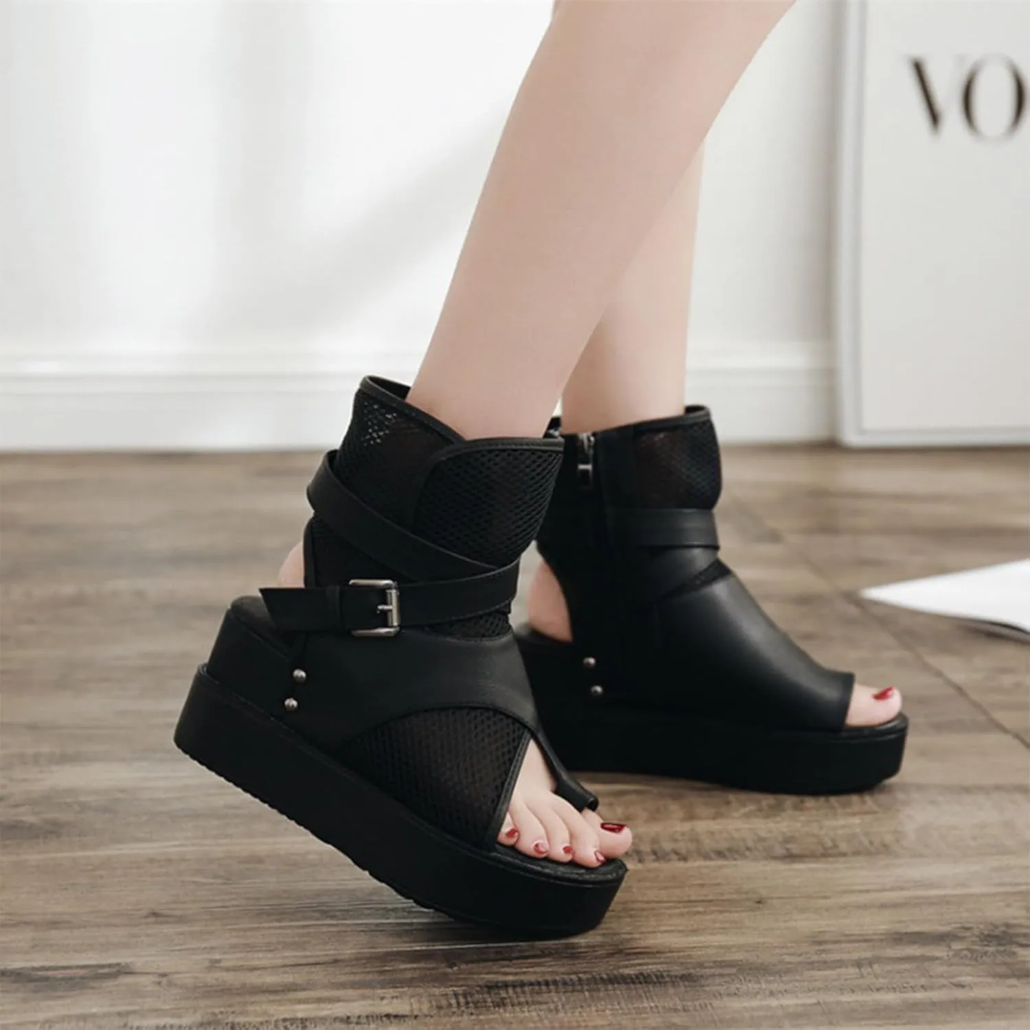 Women's Leather Platform Wedge High-Top Roman Sandals Comfortable Breathable Mesh Open Toe Clip Toe Side Zipper Metal Buckle Gladiator Boot Sandals