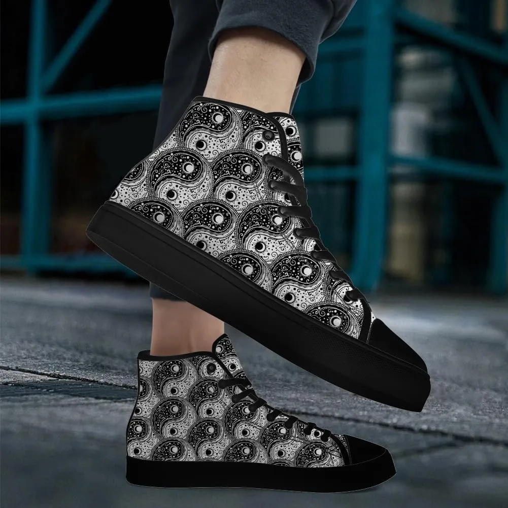 Women's Men's Yin and Yang High Top Canvas Shoes Black High Top Sneakers Lace Up Casual Shoes