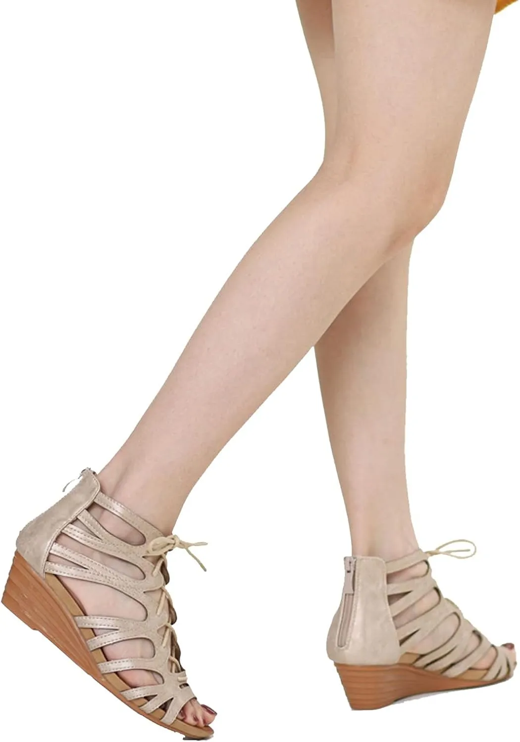 Women's Open Toe Wedge Gladiator Sandals,Strappy Zipper Orthopedic Roman Sandals,Fish Mouth Round Toe Cage Beach Sandals