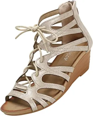 Women's Open Toe Wedge Gladiator Sandals,Strappy Zipper Orthopedic Roman Sandals,Fish Mouth Round Toe Cage Beach Sandals