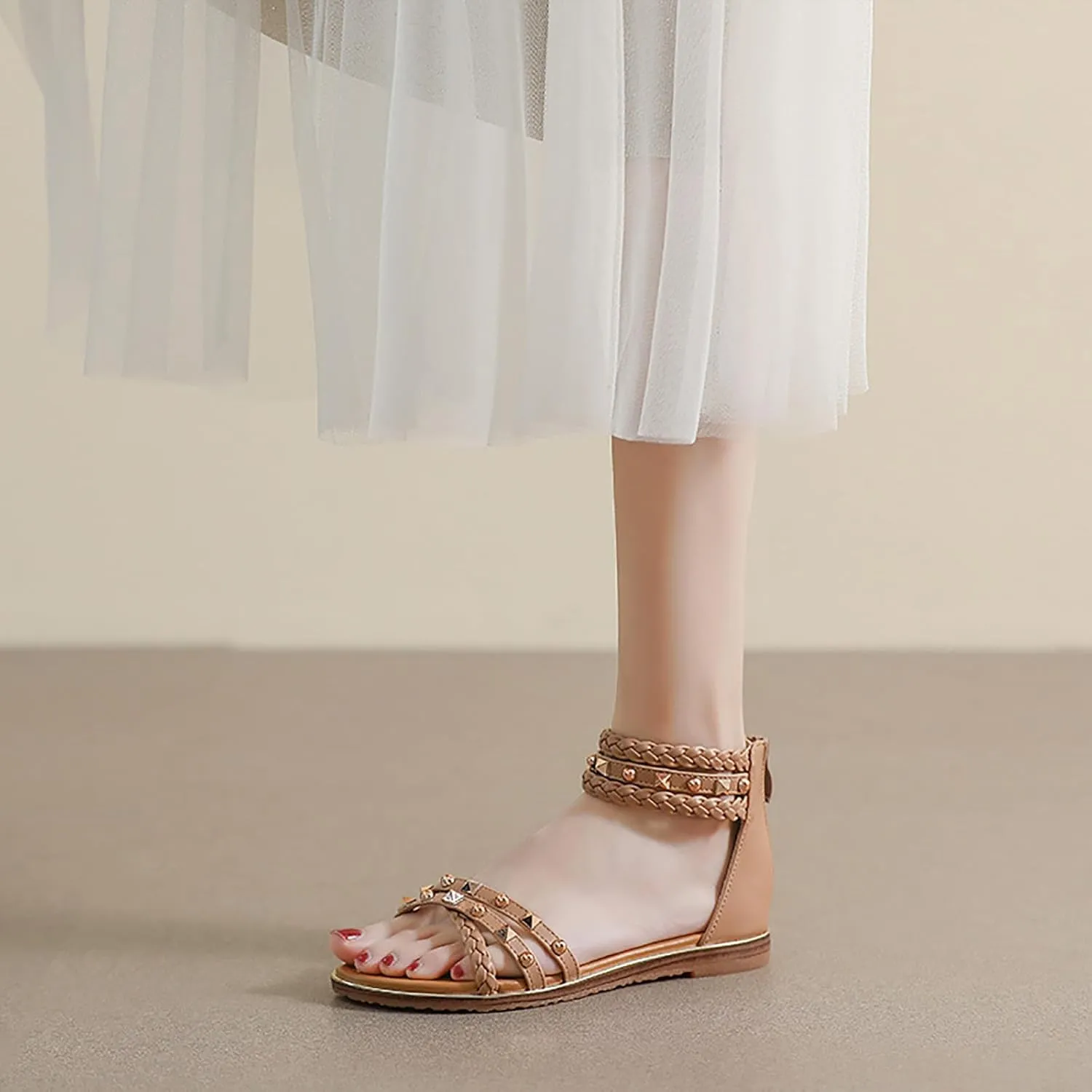 Women's Rivet Strappy Open Toe Flat Sandals,Summer Braid Ankle Strap Beach Flat Gladiator Sandals Fashion Back Zipper Casual Roman Shoes