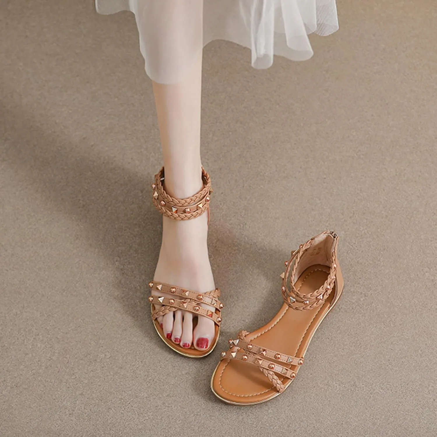 Women's Rivet Strappy Open Toe Flat Sandals,Summer Braid Ankle Strap Beach Flat Gladiator Sandals Fashion Back Zipper Casual Roman Shoes