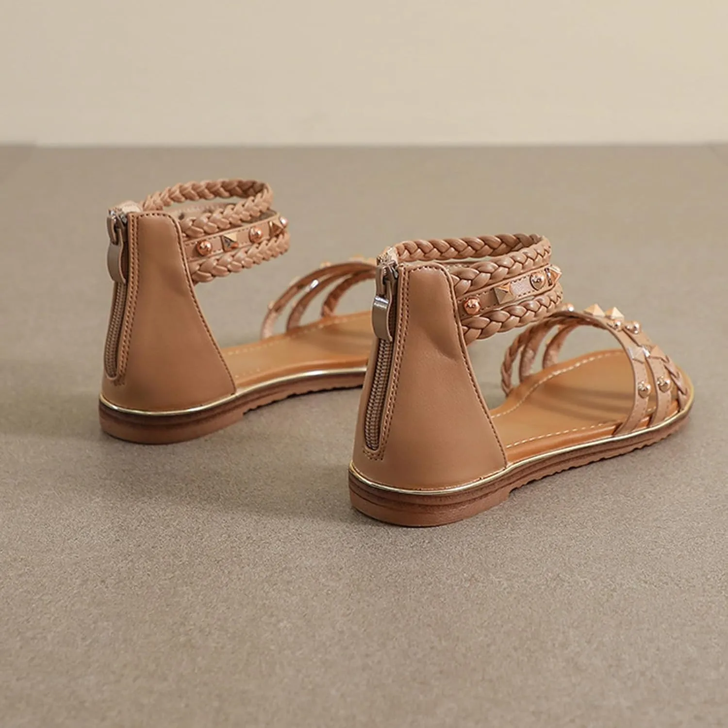 Women's Rivet Strappy Open Toe Flat Sandals,Summer Braid Ankle Strap Beach Flat Gladiator Sandals Fashion Back Zipper Casual Roman Shoes