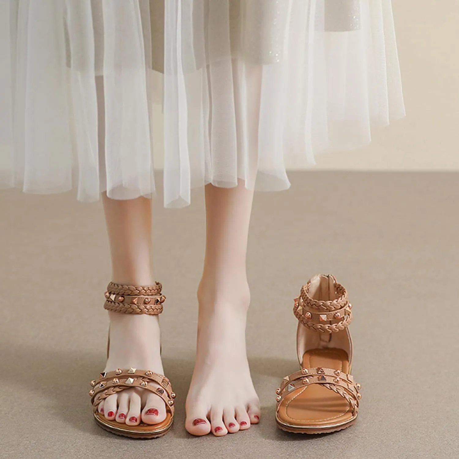 Women's Rivet Strappy Open Toe Flat Sandals,Summer Braid Ankle Strap Beach Flat Gladiator Sandals Fashion Back Zipper Casual Roman Shoes