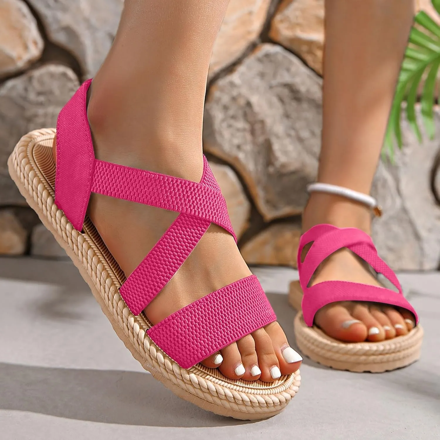 Women's Sandals Arch Support Sandals Summer Beach Sandals Travel Elastic Ankle Strap Sandal Bohemia Shoes