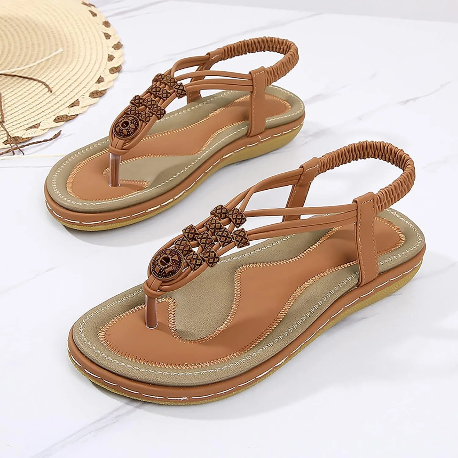 Women's Sandals Travel Summer Beach Sandals Comfortable Slip-On Flat Sandals Ankle Elastic Strap Shoes