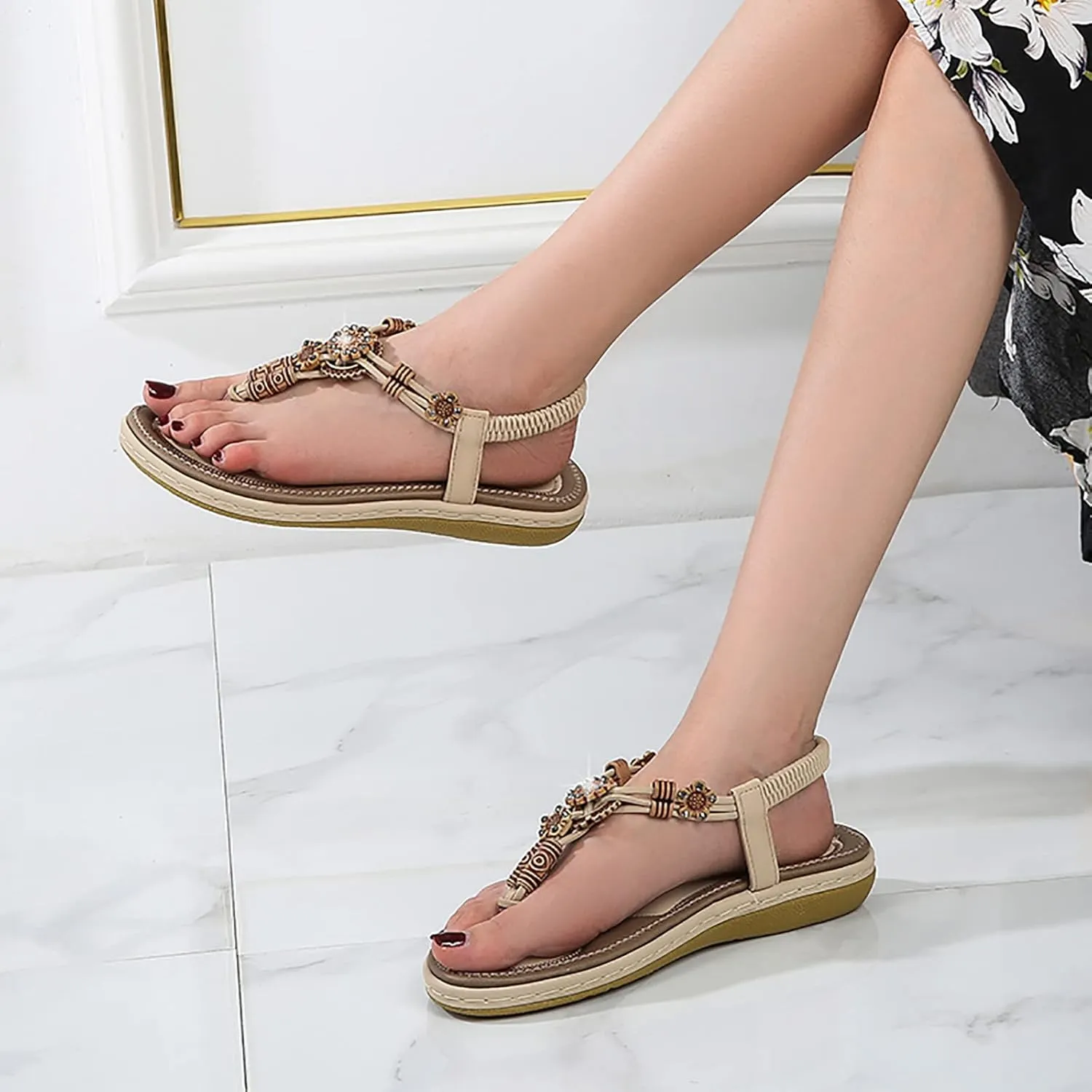 Women's Sandals Travel Summer Beach Sandals Comfortable Slip-On Flat Sandals Ankle Elastic Strap Shoes