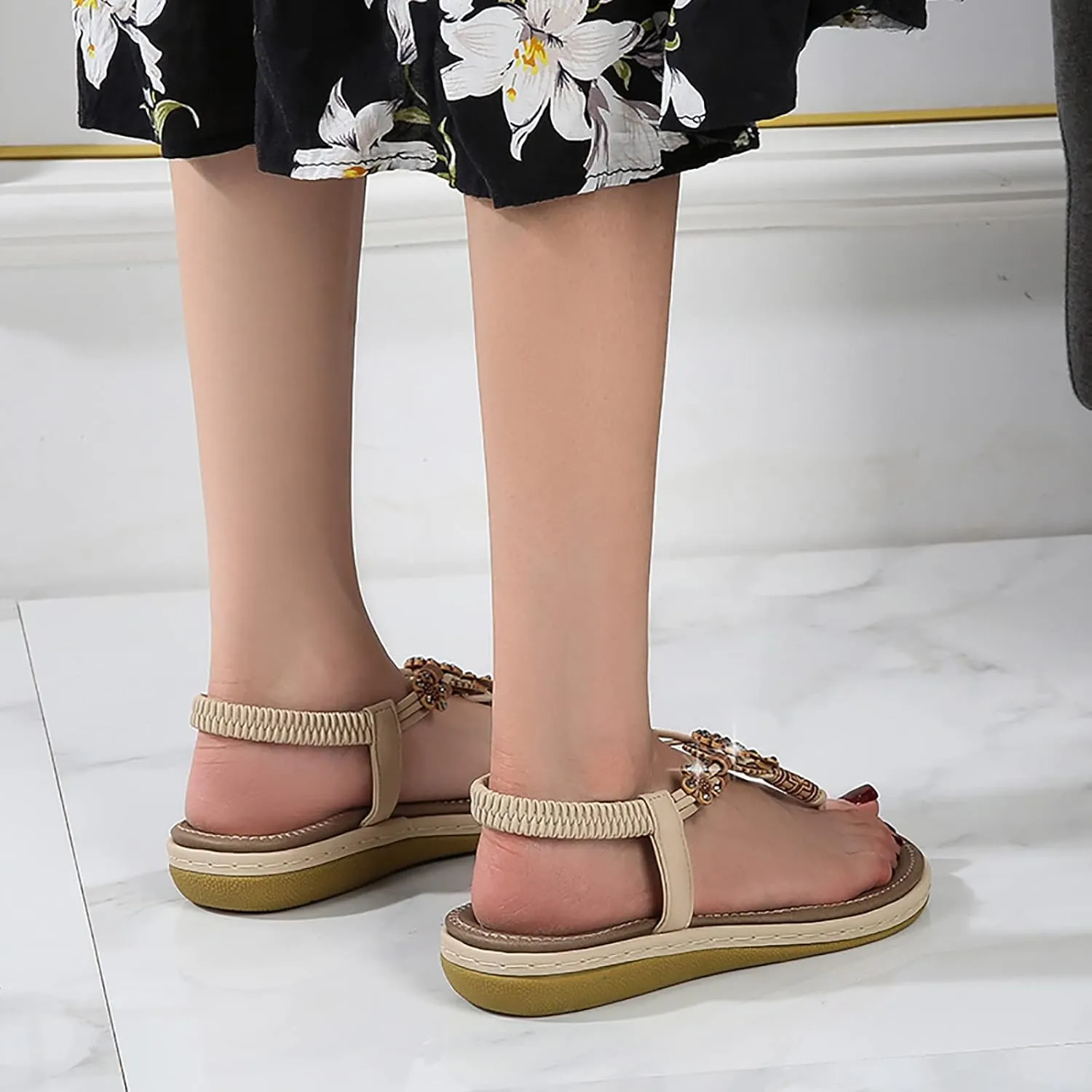 Women's Sandals Travel Summer Beach Sandals Comfortable Slip-On Flat Sandals Ankle Elastic Strap Shoes