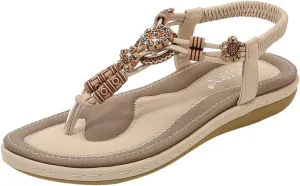 Women's Sandals Travel Summer Beach Sandals Comfortable Slip-On Flat Sandals Ankle Elastic Strap Shoes