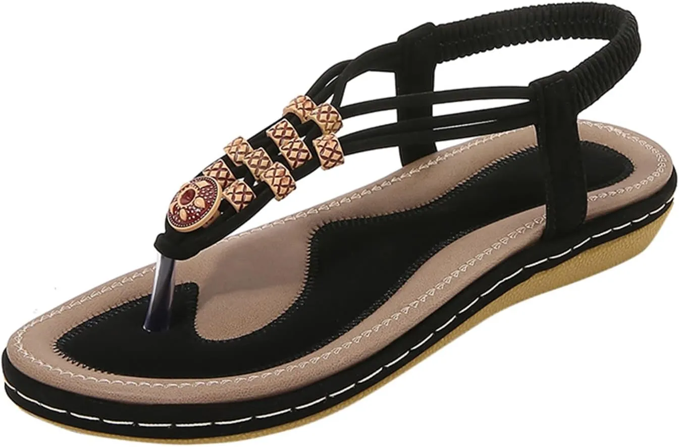 Women's Sandals Travel Summer Beach Sandals Comfortable Slip-On Flat Sandals Ankle Elastic Strap Shoes