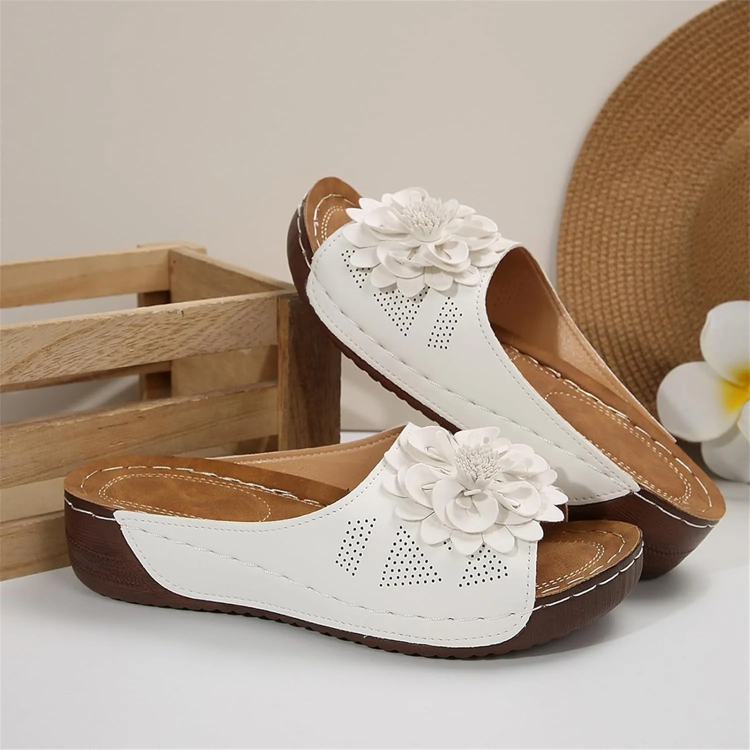 Womens Summer Beach Sandals Flower Orthopedic Wedge Sandals with Arch Support Comfortable Slip On Platform Flats