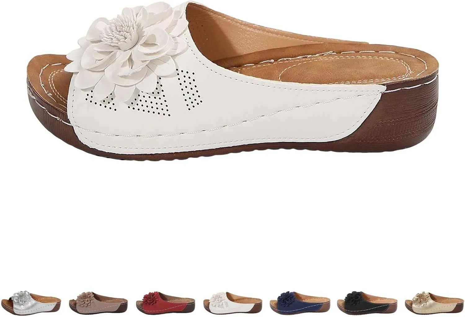 Womens Summer Beach Sandals Flower Orthopedic Wedge Sandals with Arch Support Comfortable Slip On Platform Flats