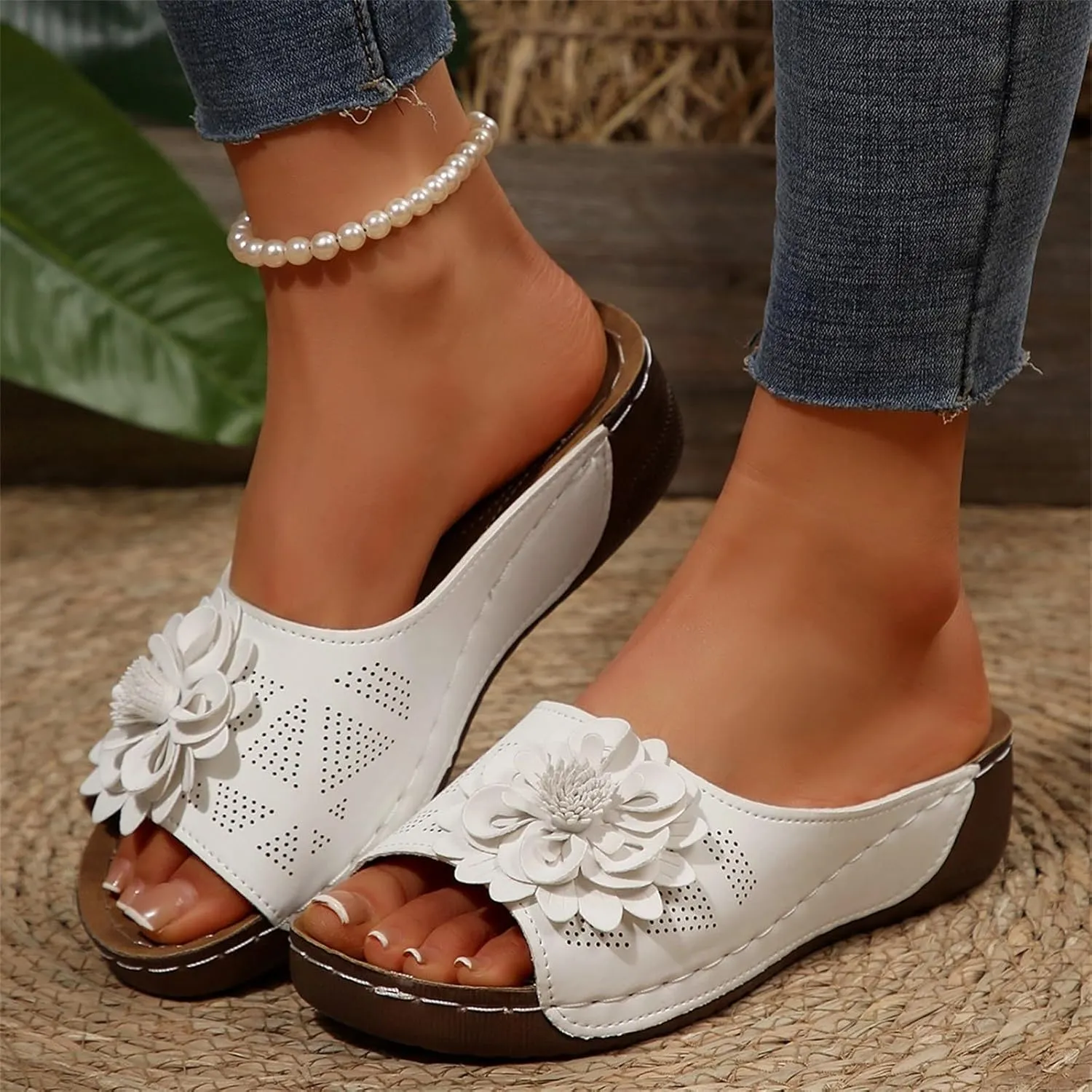 Womens Summer Beach Sandals Flower Orthopedic Wedge Sandals with Arch Support Comfortable Slip On Platform Flats